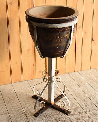イギリス アンティーク アイアンプラントポットホルダー+植木鉢　8902